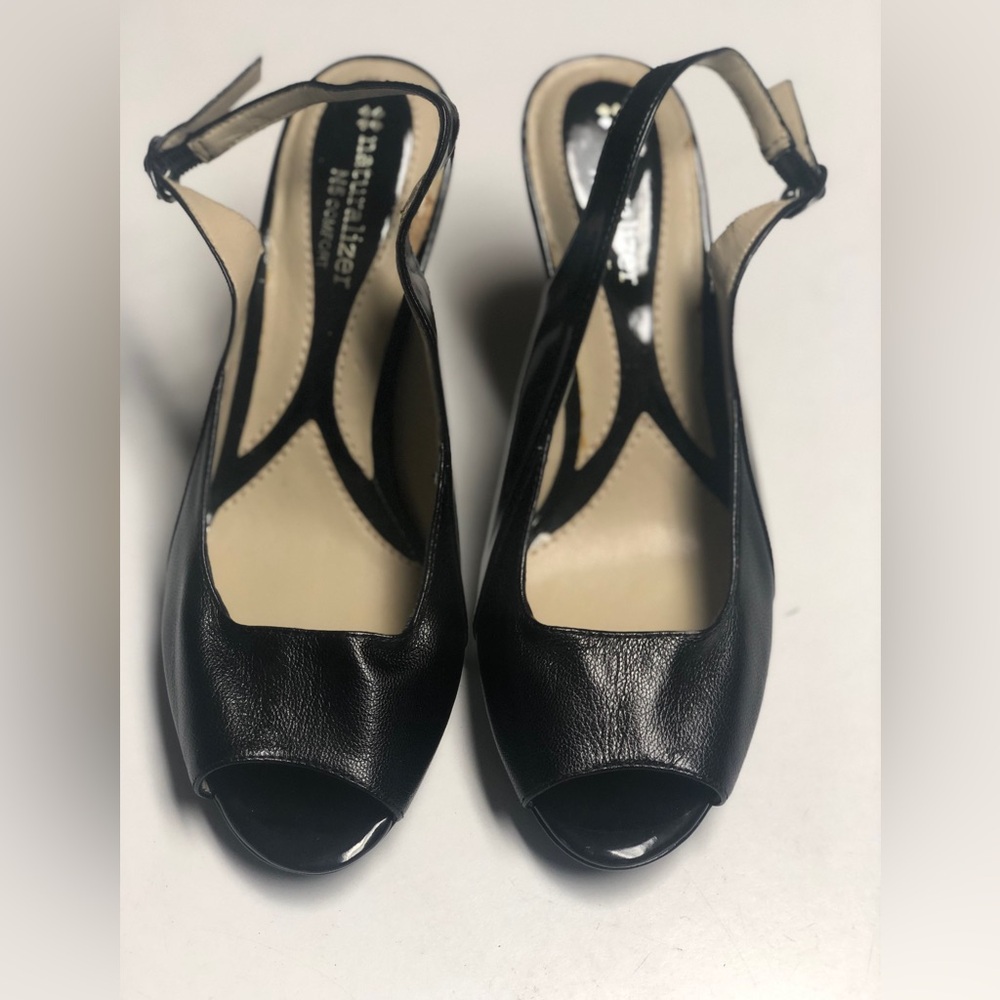 Naturalizer N5 Size 7W Black Peep-Toe Slingback Heels W/ Adjustable Ankle Strap